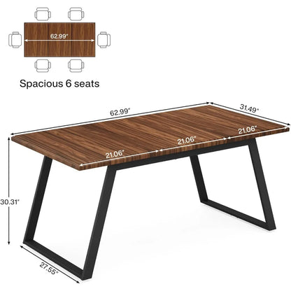 Dining table for 6 people, 63 inch large wooden kitchen table, rectangular dining table with metal legs, for dining room kitchen