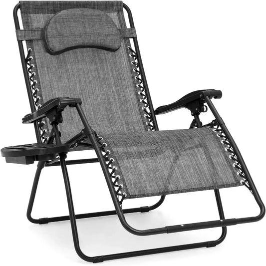 Chaise surdimensionnée à gravité zéro, fauteuil inclinable pliable pour patio extérieur avec porte-gobelet, plateau d'accessoires et oreiller amovible