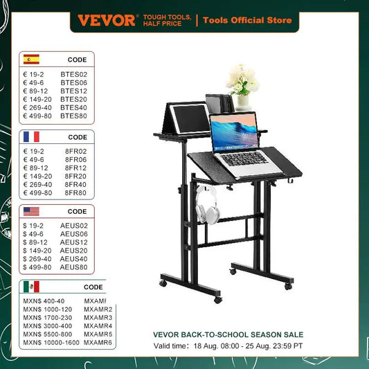 VEVOR 26.4"-44.9" Gas-Spring Height Adjustable Sit-Stand Desk with 360° Swivel Wheels Home Office Rolling Laptop Table Tiltable