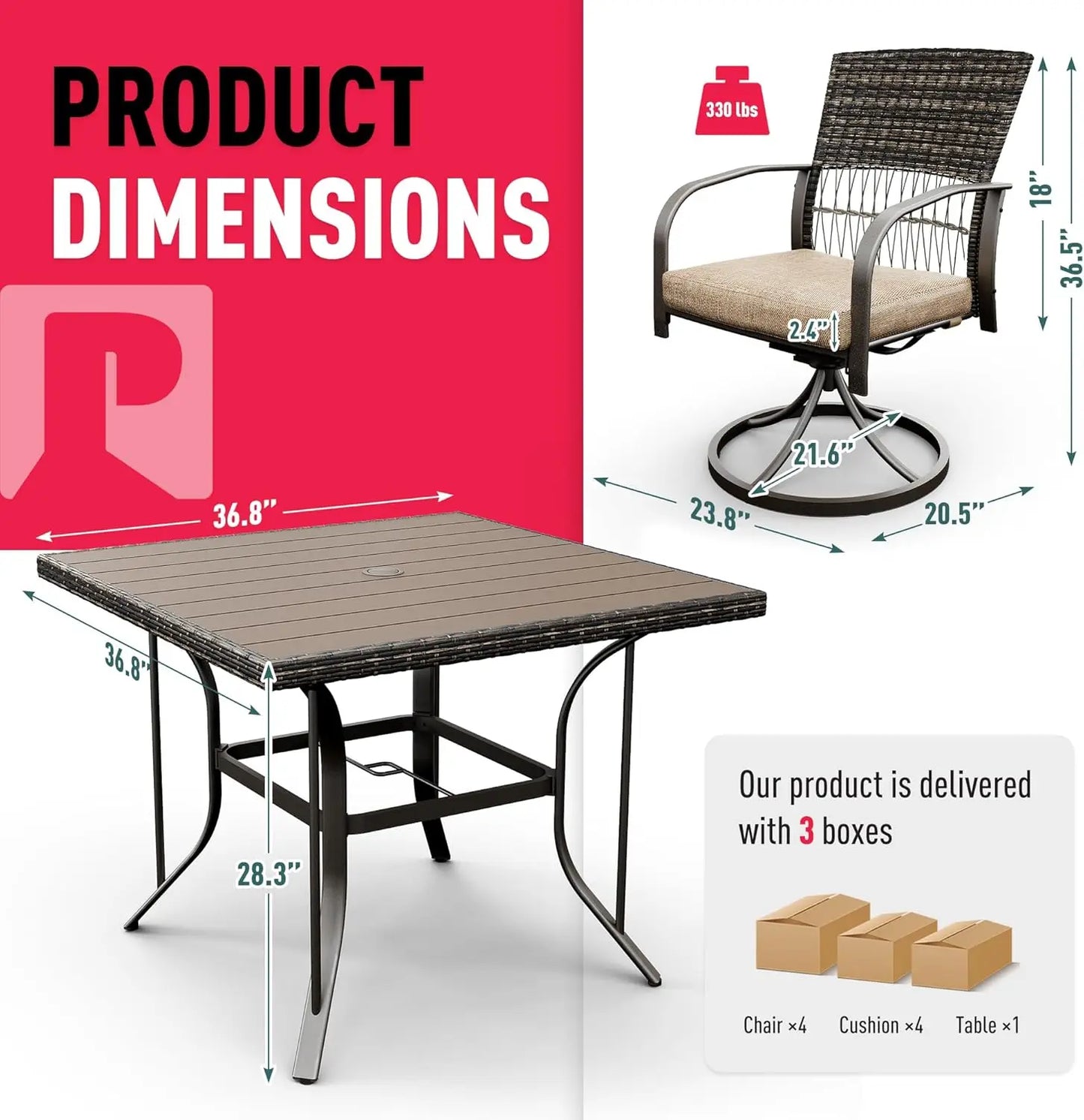 5 Piece Outdoor Dining Set, Rattan Outdoor Patio Furniture Set for Deck Backyard with Plastic-Wood Outdoor Dining Table