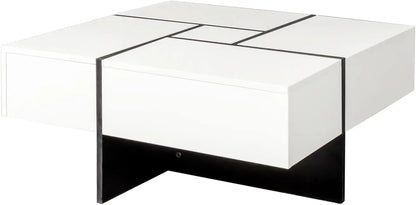 Mesa de centro moderna Furnnylane con 4 cajones, mesa de centro cuadrada con espacio de almacenamiento para sala de estar, color blanco