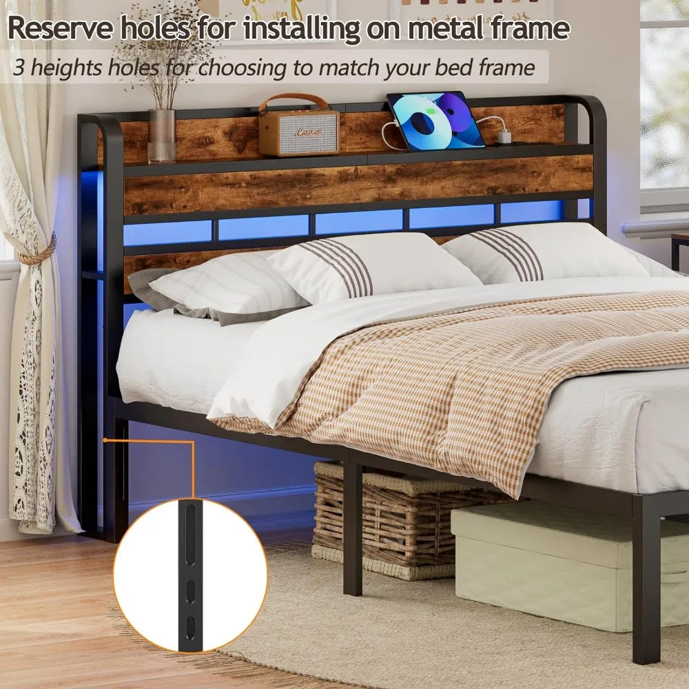 Queen Size Headboard with Storage Shelf and LED Light, USB Port and Charging Station, Sturdy Metal Frame & Wood Shelf