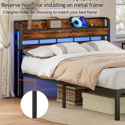 Queen Size Headboard with Storage Shelf and LED Light, USB Port and Charging Station, Sturdy Metal Frame & Wood Shelf