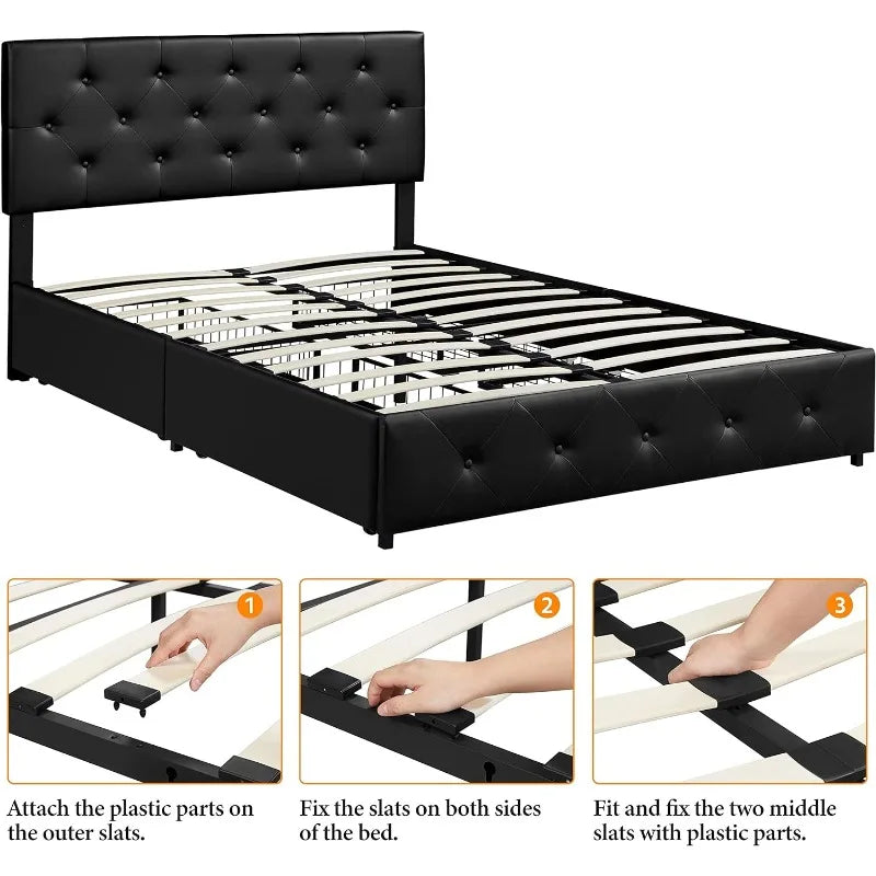 Upholstered Bed Frame with 4 Drawers and Adjustable Headboard, Faux Leather Platform Bed with Mattress  King Bed Frame