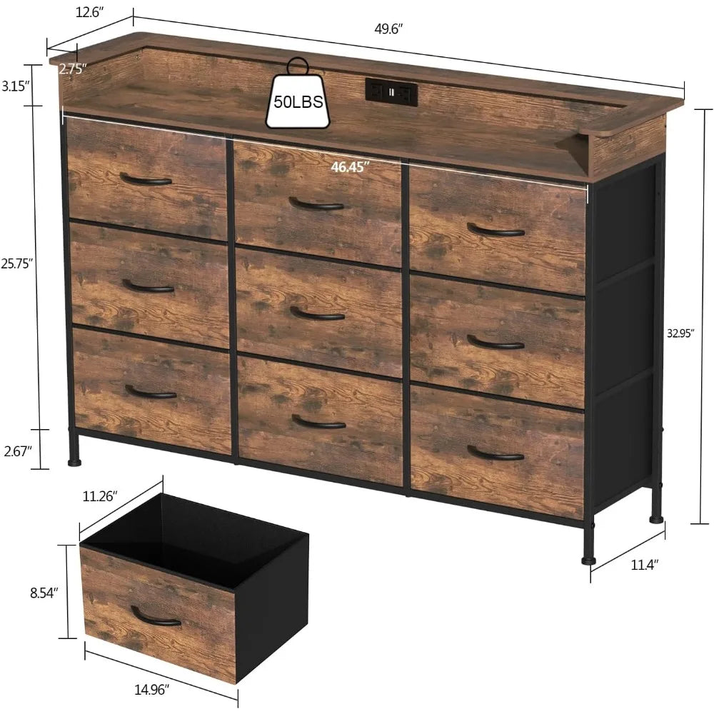 Commode blanche avec éclairage LED pour chambre à coucher Commode à 9 tiroirs avec station de charge Commode à tiroirs Cadre en acier Plateau en bois