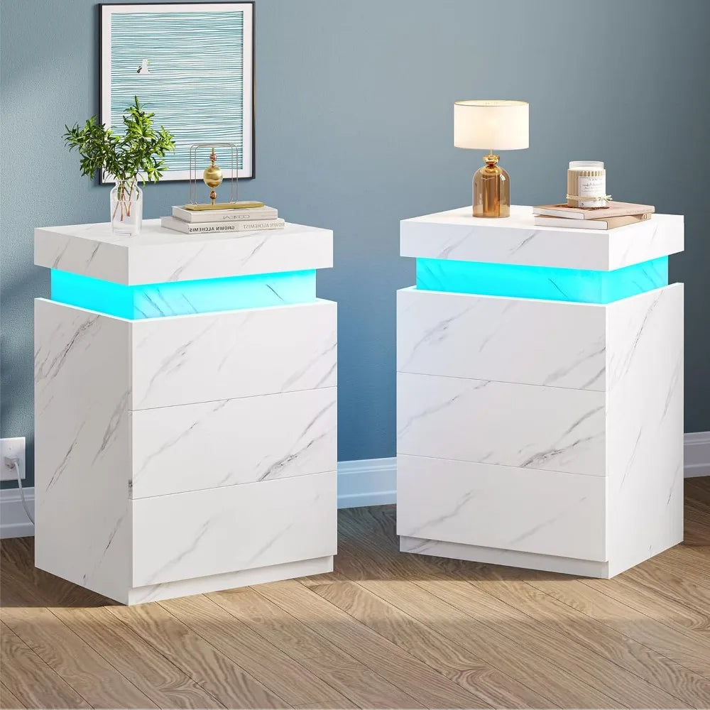 Ensemble de 2 tables de nuit à LED, table de nuit avec station de charge et plateau coulissant, table de chevet pour chambre à coucher, ensemble de 2