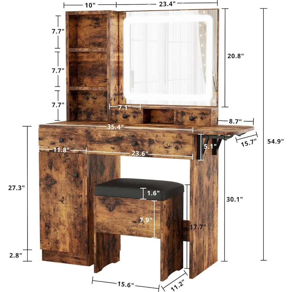 Commode, tiroirs et miroirs éclairés par LED, prises de courant et armoires, tabourets de rangement, housses de table de maquillage de chambre élégantes - meubles