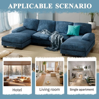 Living Sectional Sofas Couch,Fabric Modular Sofa Sleeper Chaise Memory Foam Blue 4 Seat Sofa Set for Living Room U-Shaped