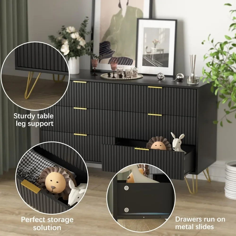 Black Dresser, Modern 6-Drawer Dresser for Bedroom with Gold Handles, Wide Chest of Drawers for Living Room