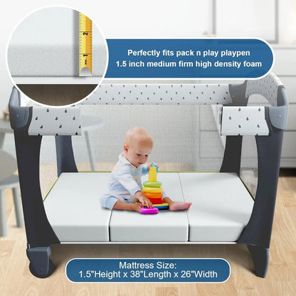 Trifold Foldable Pack N Play Mattress Topper,  Inch Playpen Mattress, Removable Washable Cover, for Bedroom,dorm,apartment