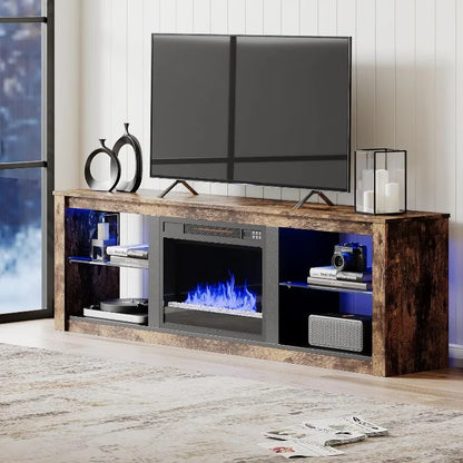 Meuble TV avec cheminée électrique pour téléviseur de 75 pouces, centre de divertissement LED avec étagères en verre pour salon Meuble TV Morden de 70 pouces