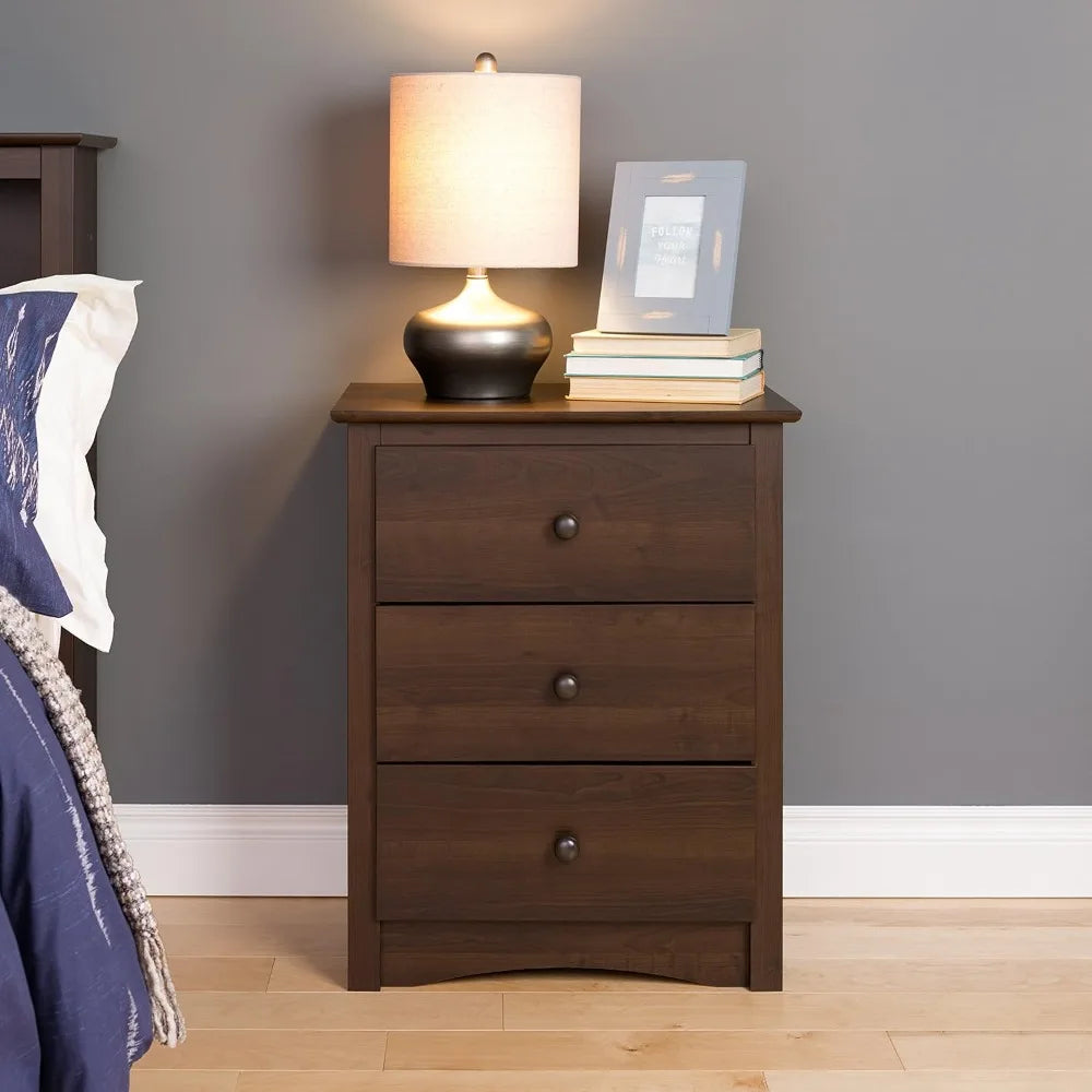 Traditional Tall Nightstand Side Table with 3 Drawers, Functional Tall 3-Drawer Bedside Table 16" D x 23" W x 29" H, Espresso