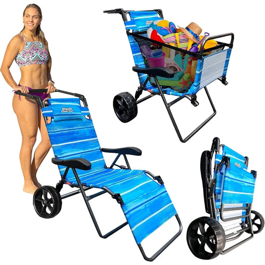 Beach Cart Chair – 2 in 1 Turns from Beach Cart to Beach Chair  Large Wheels  Easy to Use  Large Capacity Blue Striped