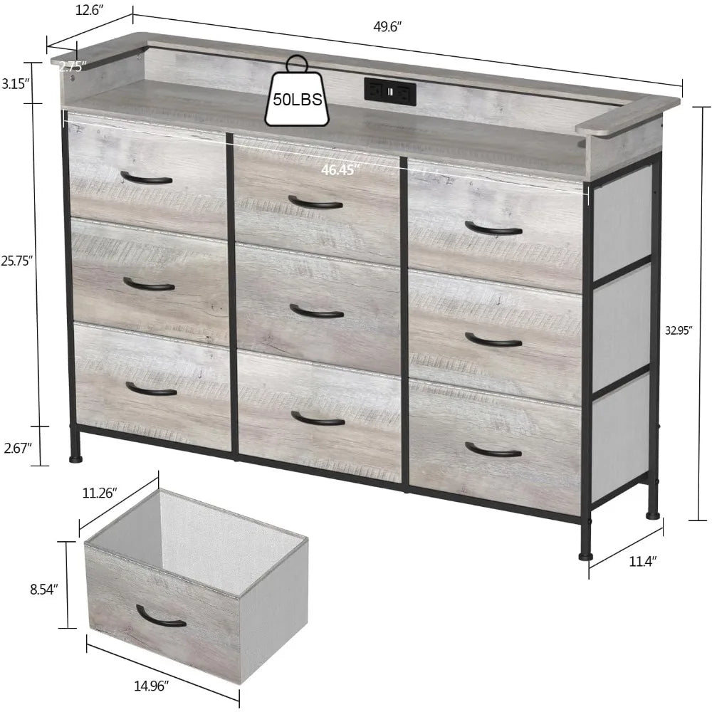 Commode blanche avec éclairage LED pour chambre à coucher Commode à 9 tiroirs avec station de charge Commode à tiroirs Cadre en acier Plateau en bois