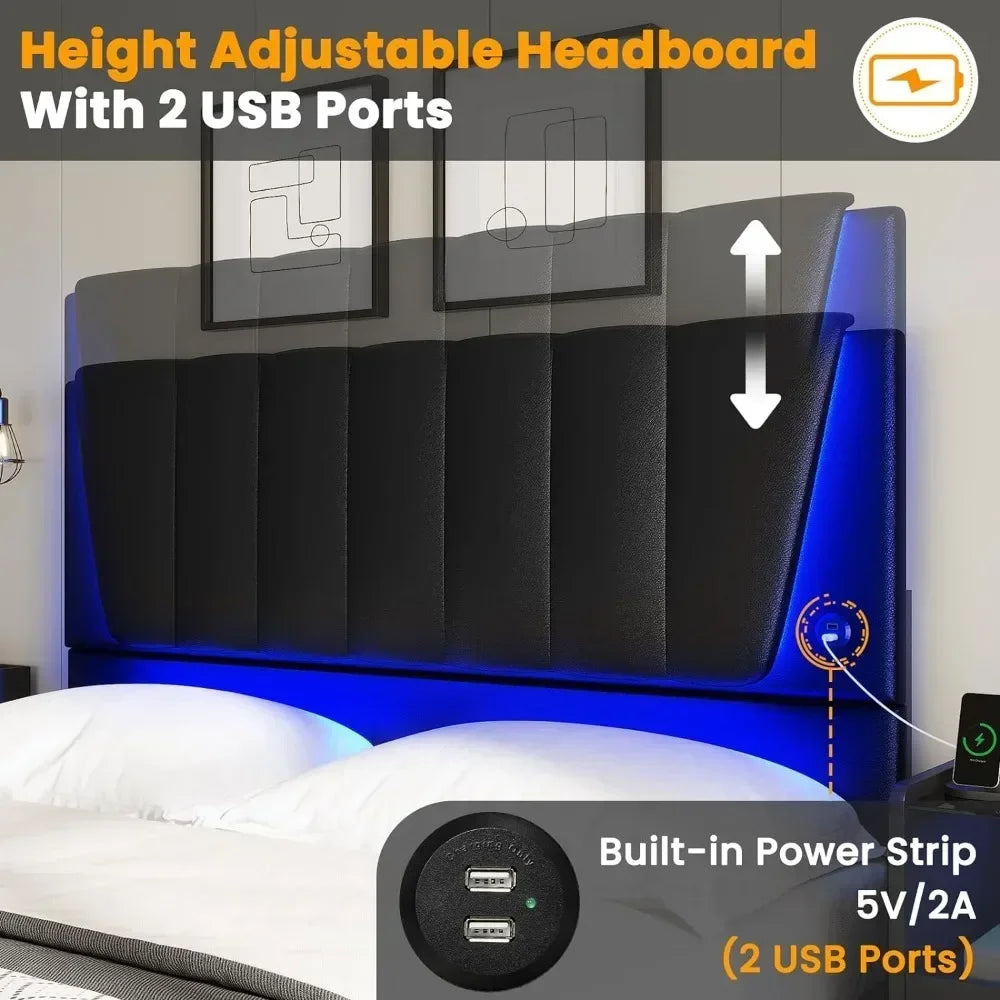 Marco de cama de tamaño completo con LED y cabecera, 4 cajones de almacenamiento, puertos USB, soporte de listones de madera, no necesita somier, marco de cama completo