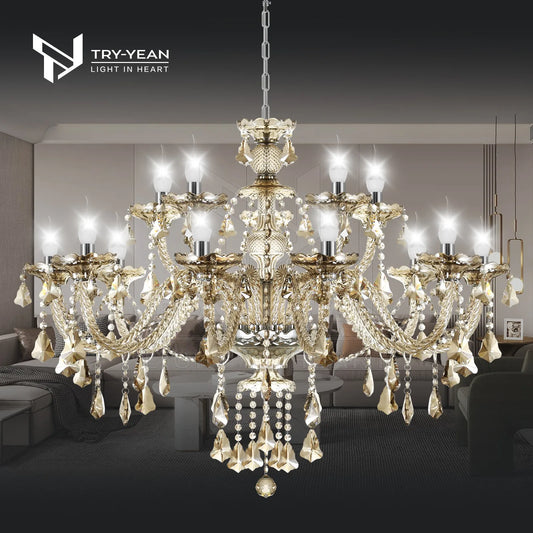 Lustre Pendentif Lustre 15 Bras Cristal Couleur Cognac E14 Lustre Chambre Moderne K9 Cristal Pour Salon Couloir