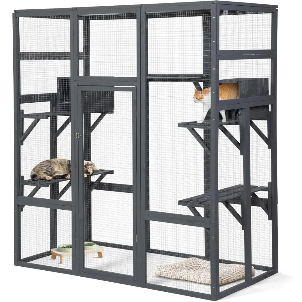 Casa grande para gatos para exteriores Catio - Recintos para juegos y carreras para gatos Jaula para gatos para interiores con ventana con techo impermeable, 7 plataformas y 2 áreas de descanso