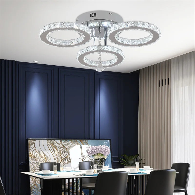 Crystal 5-Ring Fan Light Living Room Ceiling Light Stainless Steel Fixture Fandelier Plafon Fan Lamps Luminaire Led Chandelier