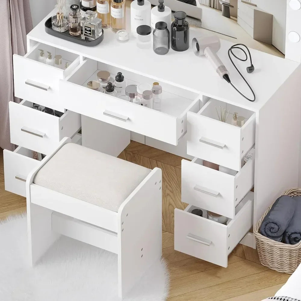 Coiffeuse avec tabouret, ensemble de table de maquillage, 3 modes d'éclairage de couleur, luminosité réglable, commodes pour meubles de chambre à coucher pour filles