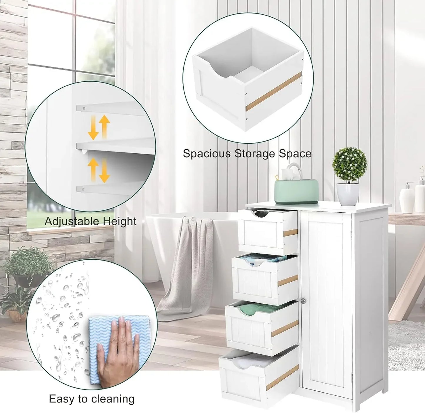 Armoire de rangement en bois pour salle de bain, meuble de sol pour petit espace, meuble de rangement latéral blanc avec 4 tiroirs et 1