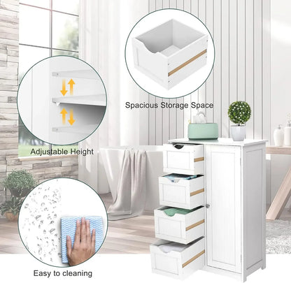 Armoire de rangement en bois pour salle de bain, meuble de sol pour petit espace, meuble de rangement latéral blanc avec 4 tiroirs et 1