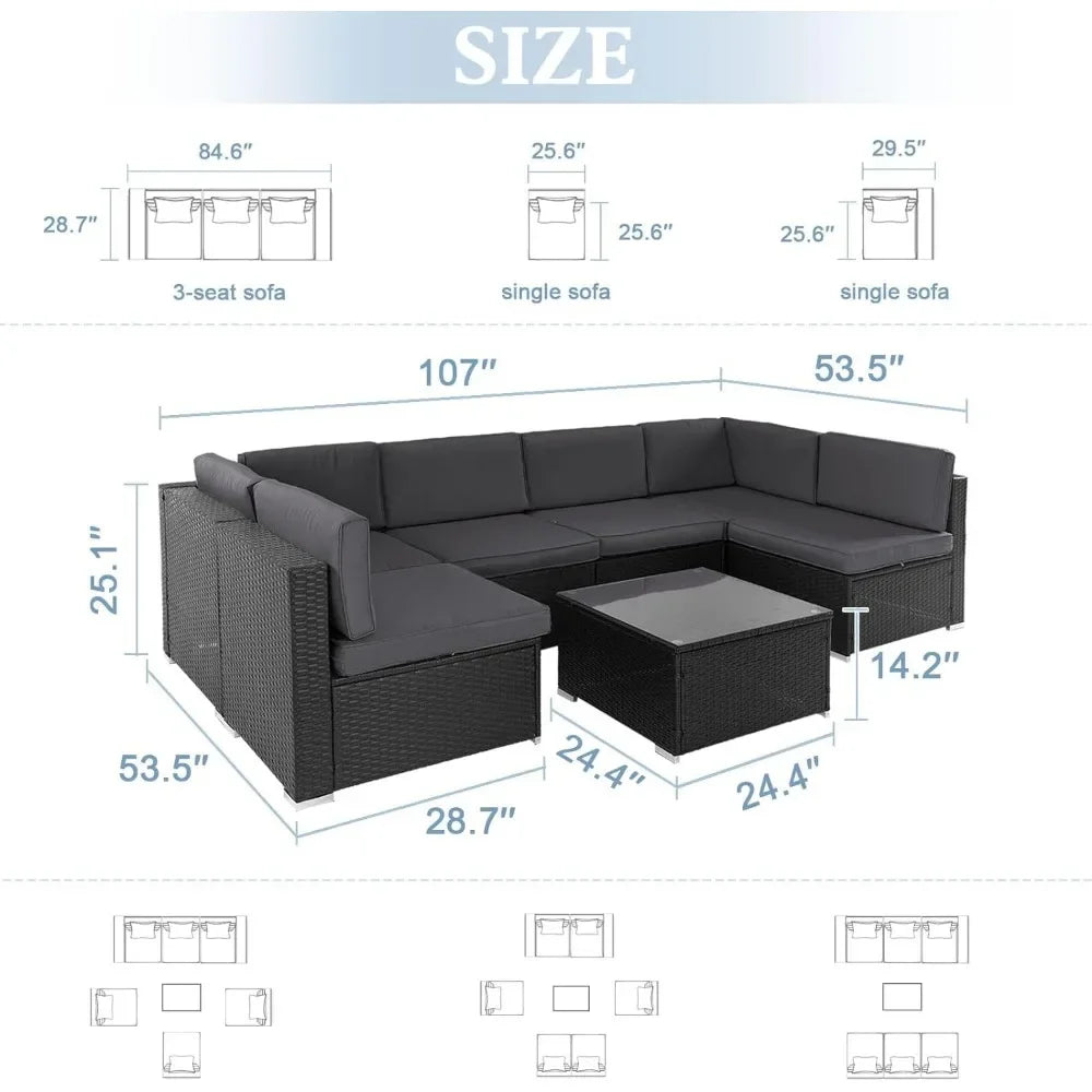 Ensemble de meubles de patio extérieur 7 pièces, canapé sectionnel en rotin noir toutes saisons, table basse en verre moderne et siège lavable