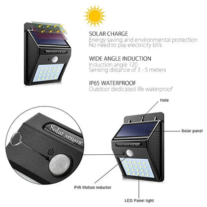 Lámpara solar LED con sensor de movimiento PIR, lámpara de pared solar para exteriores, impermeable, alimentada por energía solar, lámpara de calle con luz solar, decoración de jardín