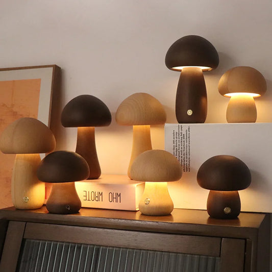 Lampe de chevet portable à LED en bois en forme de champignon avec chargement USB et variateur d'intensité pour décoration d'intérieur