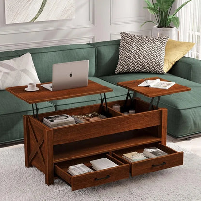 47.2" Lift Top Coffee Table with 2 Storage Drawers and Hidden Compartment, Farmhouse Center Table with Wooden Lift Tabletop