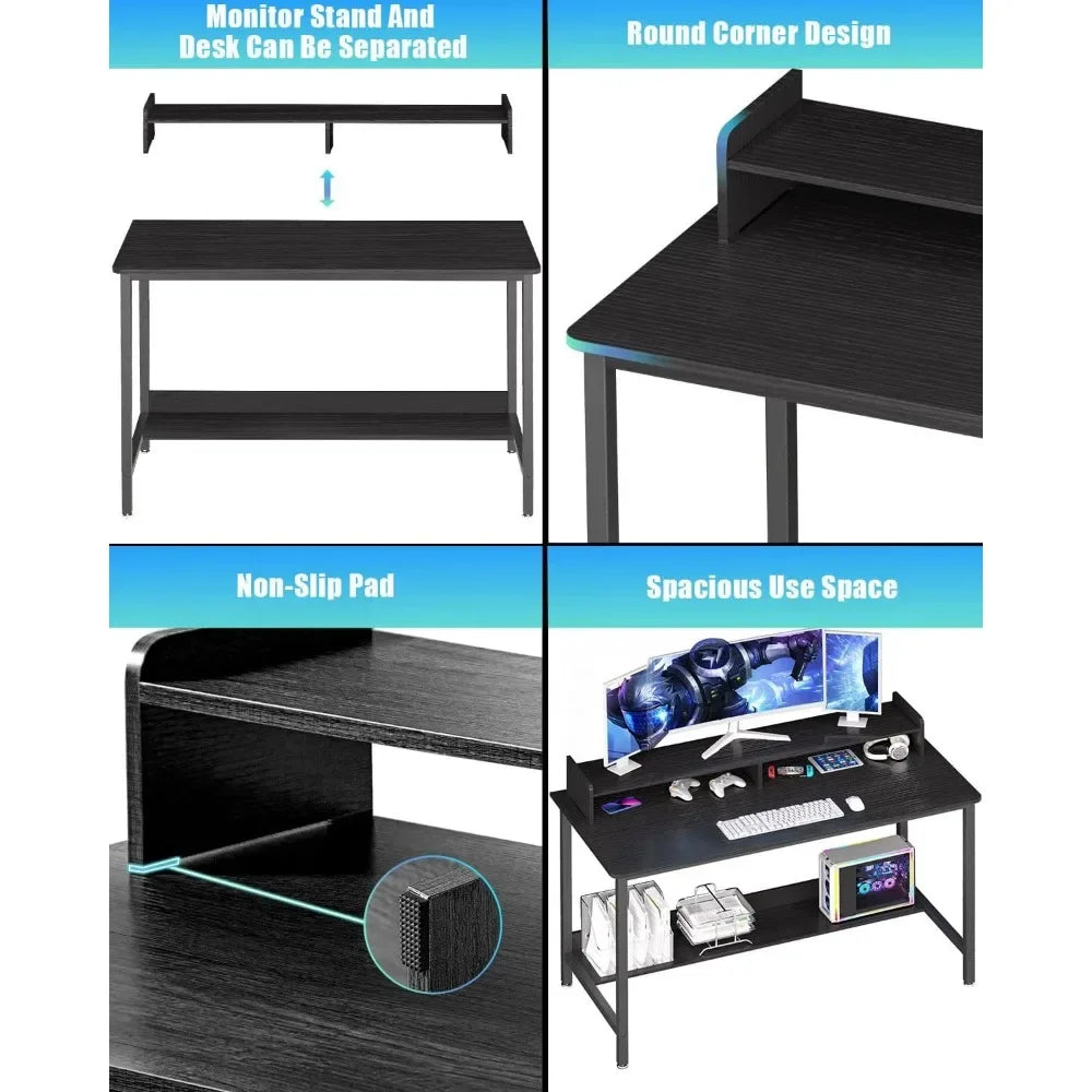 Bureau d'ordinateur avec étagères, bureau de jeu de 43 pouces, station de travail de table d'étude pour PC avec rangement pour bureau à domicile