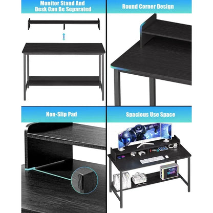 Bureau d'ordinateur avec étagères, bureau de jeu de 43 pouces, station de travail de table d'étude pour PC avec rangement pour bureau à domicile