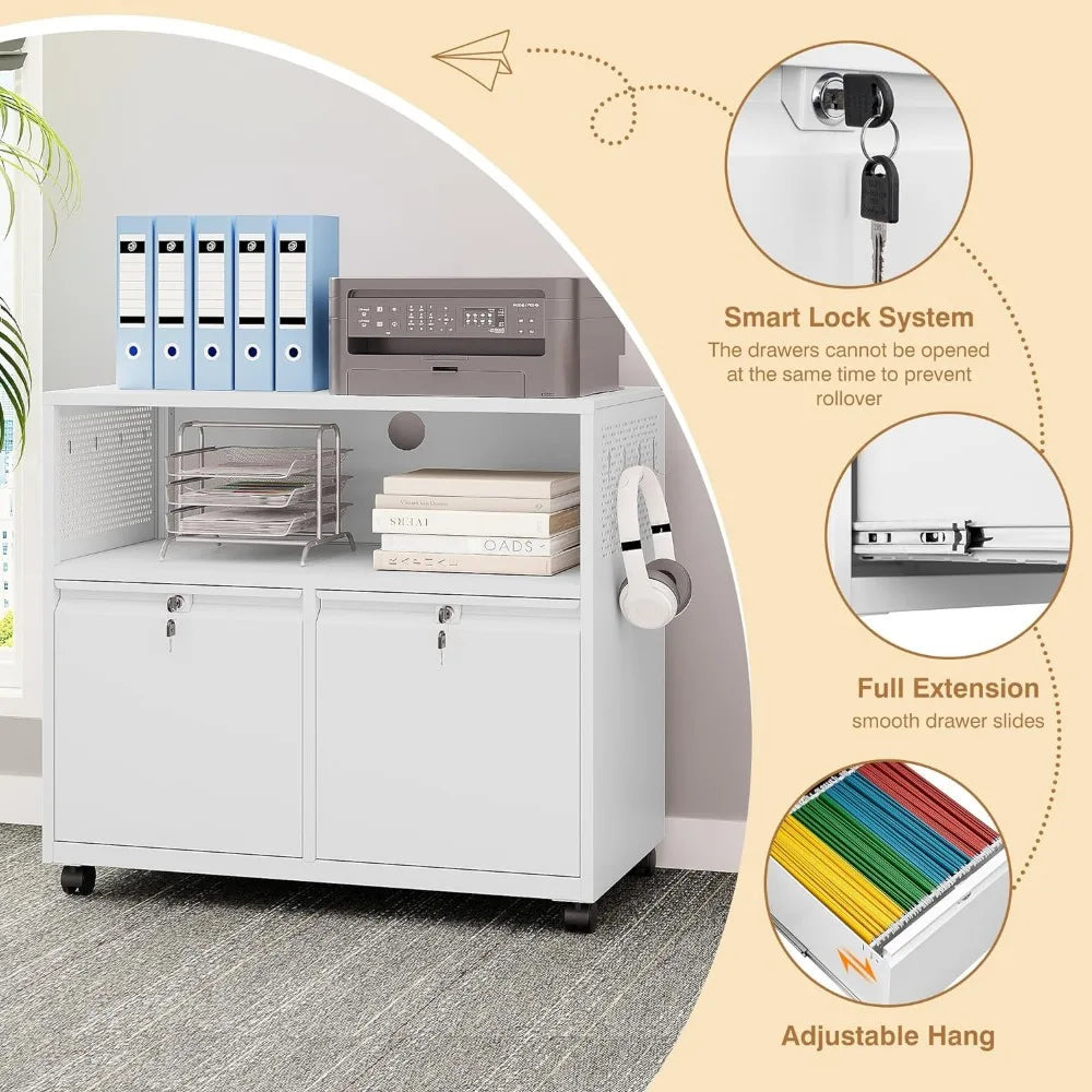 Classeur mobile avec serrure, classeurs latéraux en métal, support d'imprimante avec armoires de rangement pour bureau à domicile, A4/F4/Lettre