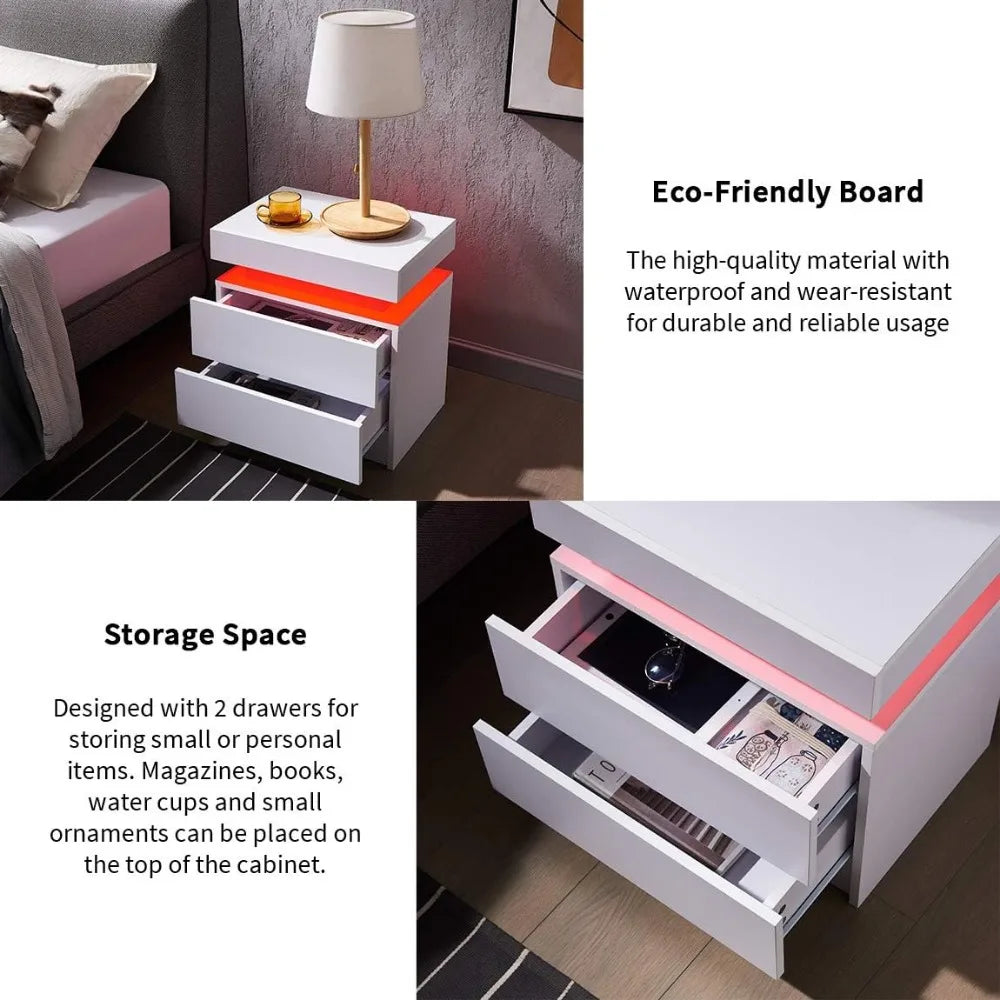 LED Nightstand Nightstand Wooden Cabinet Unit with Lights for Bedroom, Bedside Table with 2 Drawers, Nightstands for Bedroom