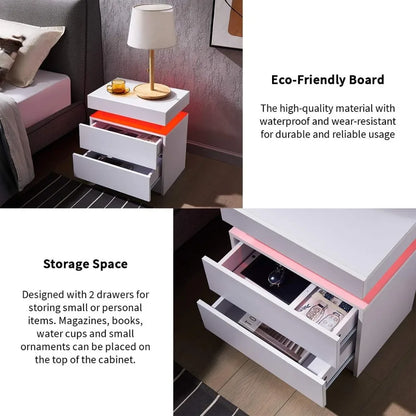 LED Nightstand Nightstand Wooden Cabinet Unit with Lights for Bedroom, Bedside Table with 2 Drawers, Nightstands for Bedroom