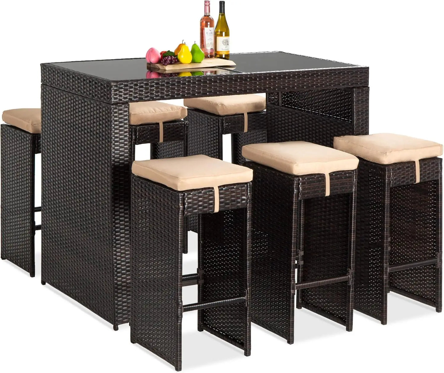 7-Piece Outdoor Wicker Bar Dining Set, Rattan Patio Furniture for Backyard,Garden w/Glass Table Top,6 Stools,Removable Cushions