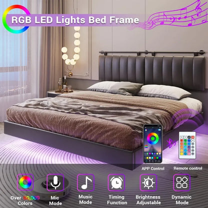 Queen Floating Bed Frame with LED Lights and Wall Mounted Headboard Led Platform Bed Frame Queen Size Faux Leather Upholstered