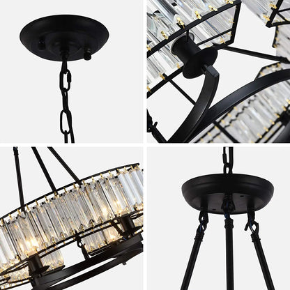 25.6" Round Black Frame Luxury Chandelier K9 Crystal Pendant Light for Dining Room Bedroom