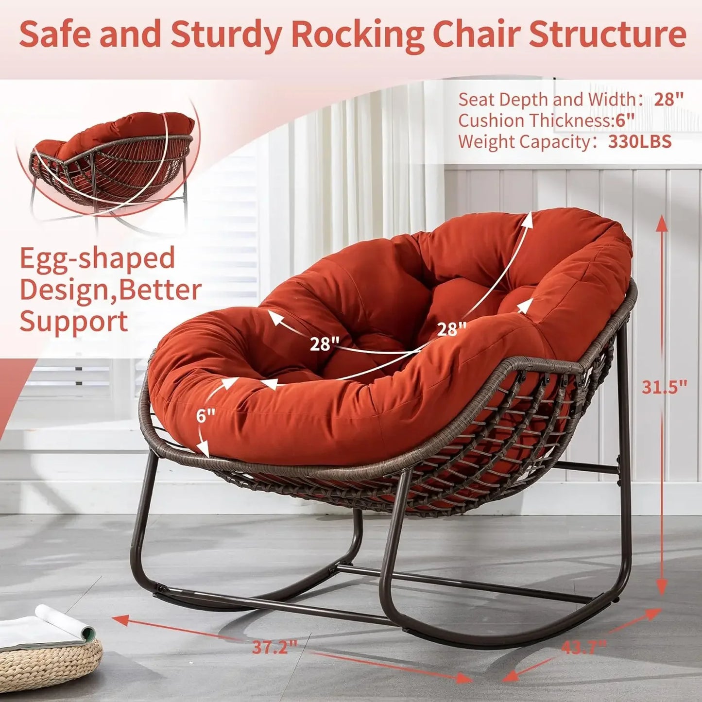 Chaises à bascule pour patio extérieur, chaise à bascule d'intérieur avec coussin rembourré - Chaise à bascule Egg pour porche, jardin, patio