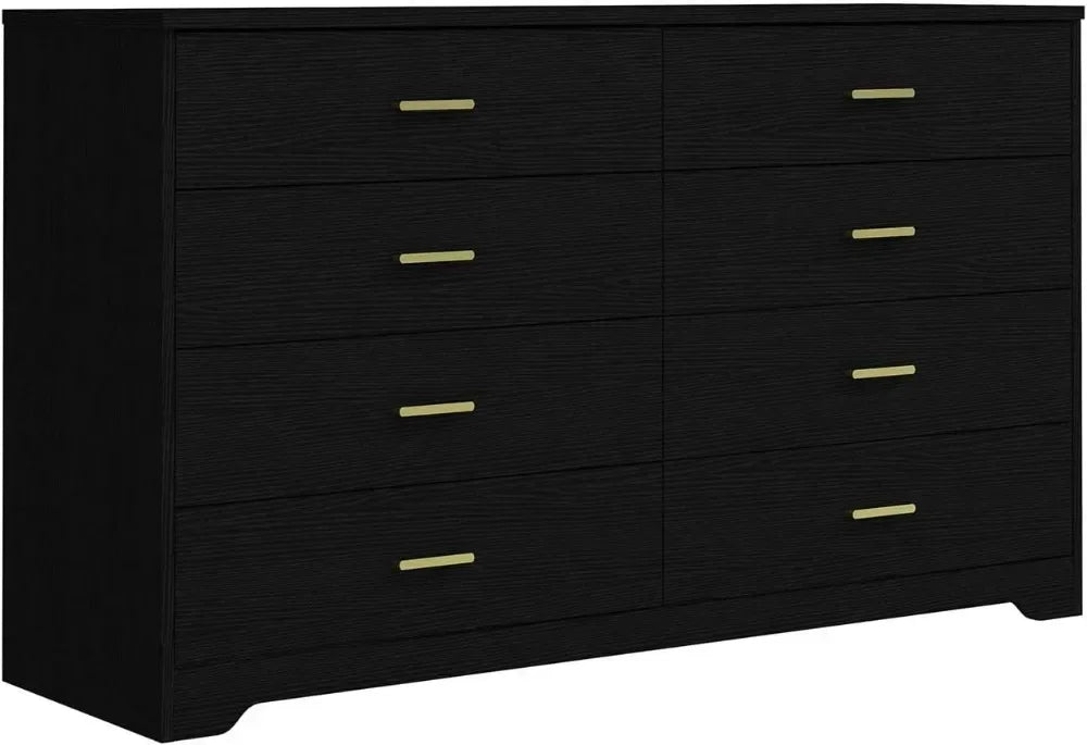 8 Drawer Wood Lateral Dresser, Big Wide Chest of Drawers Storage Organizer with Metal Gold Handles Home Bedroom (Black)