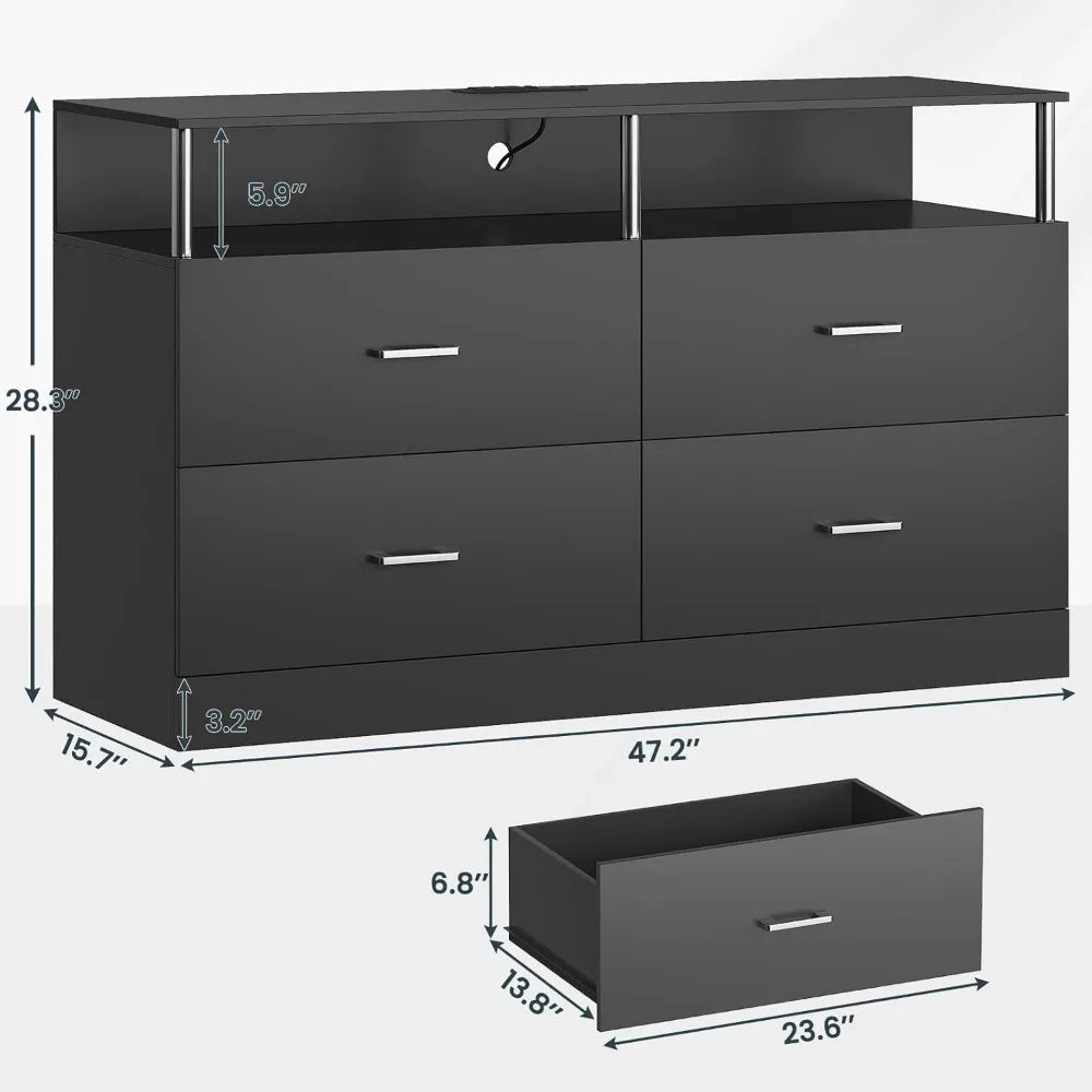 White Dresser for Bedroom with 6 Drawers, Dressers & Chests of Drawers with Column Design & Charging Station, Led Wide Dresser