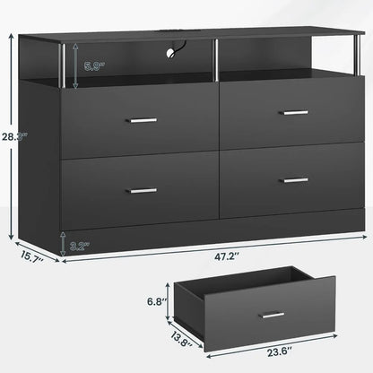 Commode blanche pour chambre à coucher avec 6 tiroirs, commodes et coffres à tiroirs avec design en colonne et station de charge, commode large à LED