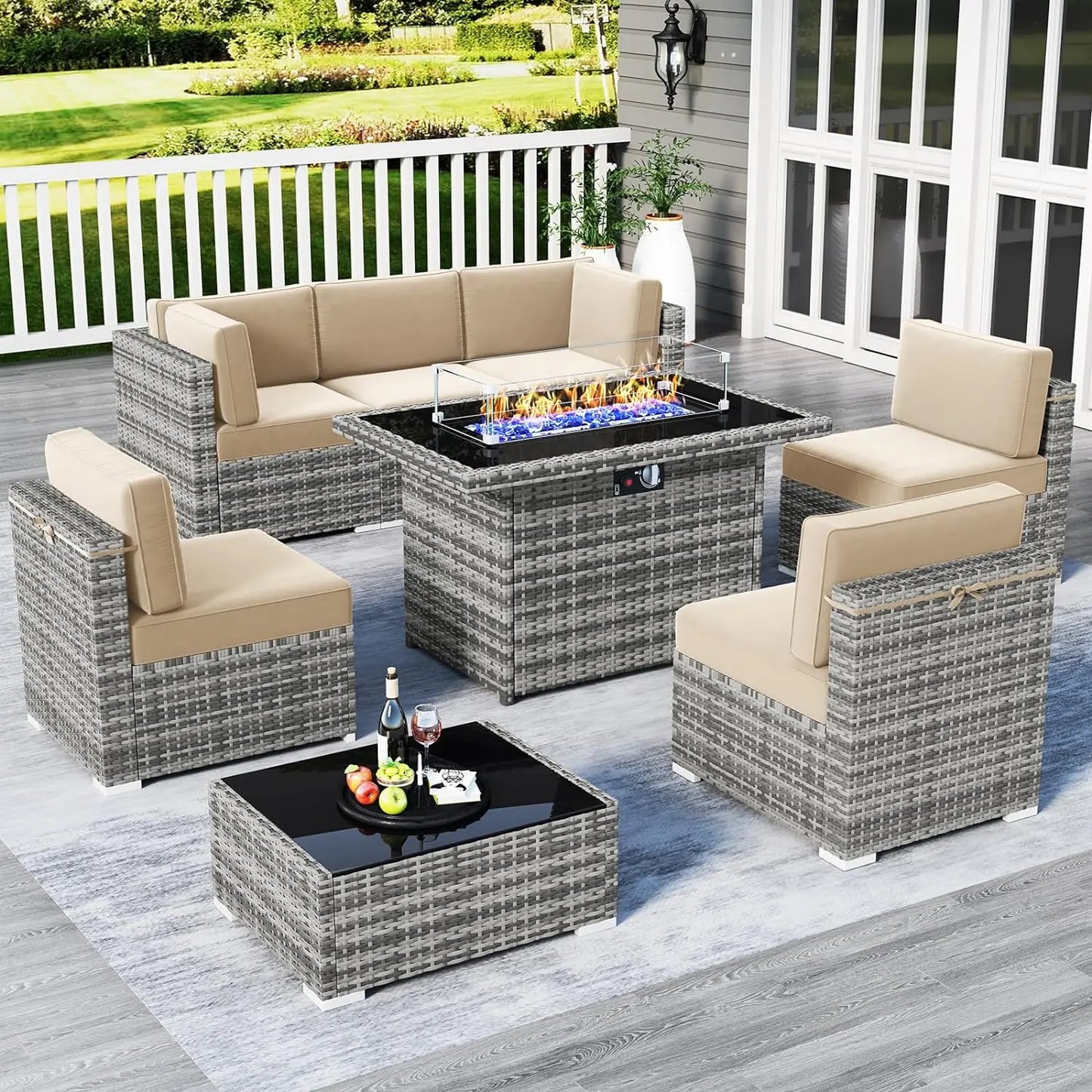 Juego de muebles de patio de 8 piezas con mesa para fogata a gas propano de 44", juego de sofá de mimbre y ratán y mesa de centro Rattan Möbel