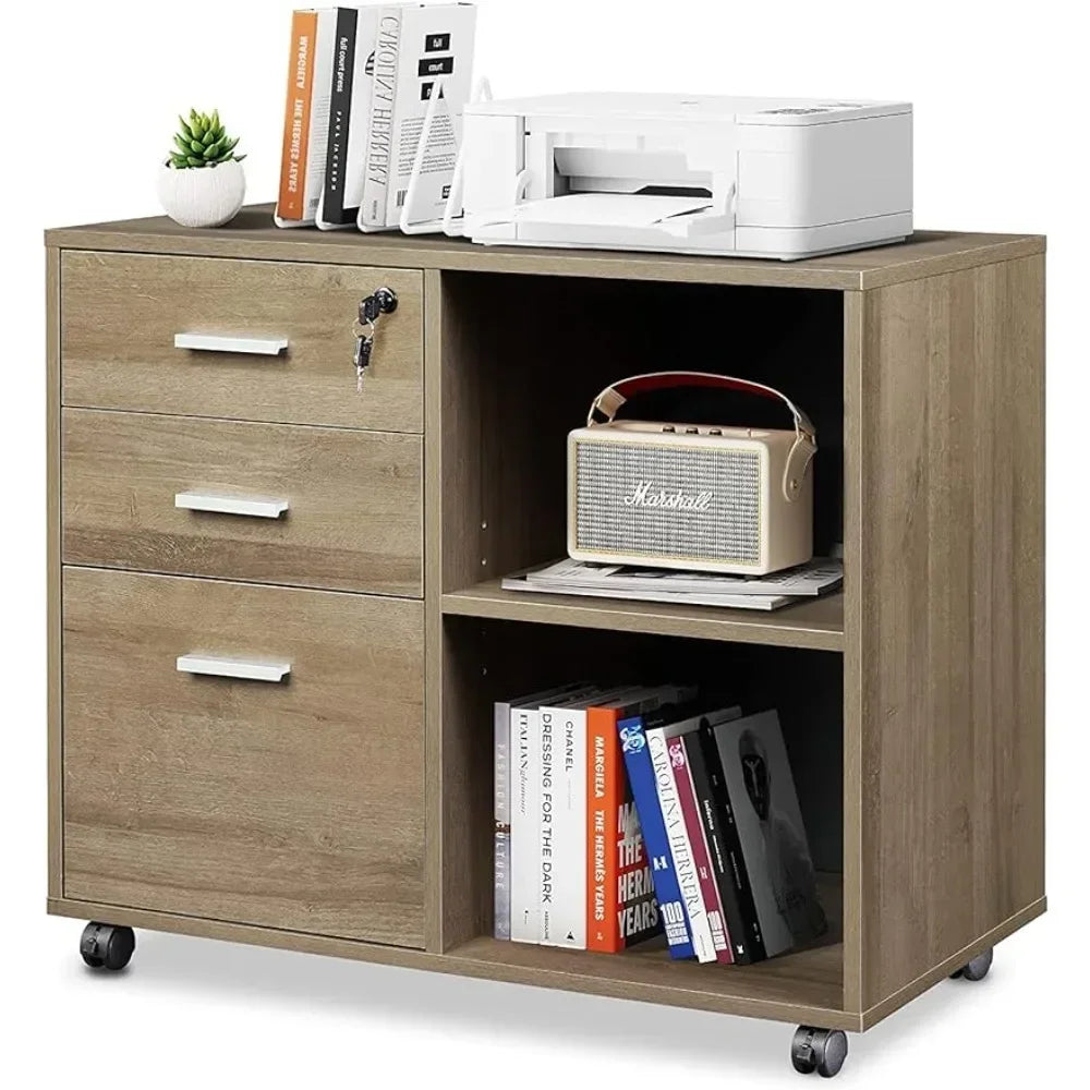 3-Drawer Wood File Cabinet with Lock, Mobile Lateral Filing Cabinet,Gray Oak 15.7"D x 31.3"W x 24.7"H