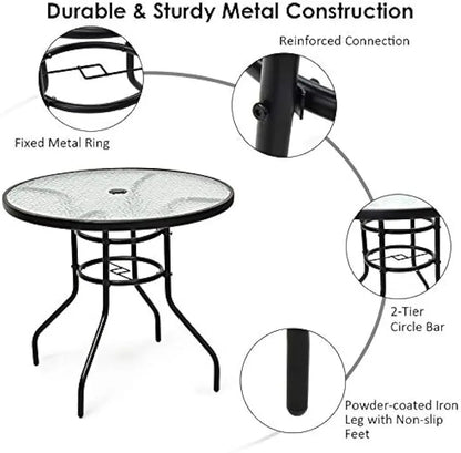 32'' Patio Table with Umbrella Hole, Outdoor Bistro Table w/Tempered Glass Top & Sturdy Metal Frame, Round Patio Dining Table