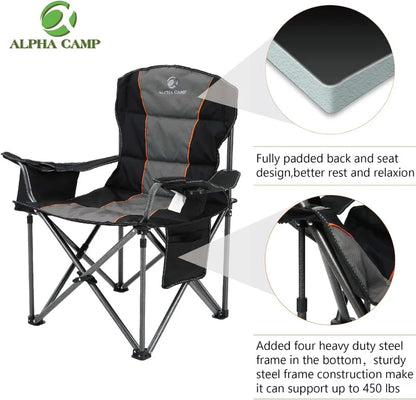 ALPHA CAMP Oversized Camping Folding Chair, Heavy Duty Support 450 LBS Steel Frame Collapsible Padded Arm Chair with Cup Holder