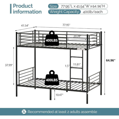 Lit superposé Twin Over Twin, lits superposés jumeaux pour enfants/adolescents/adultes, échelle plate et garde-corps haut, lit superposé en métal avec escaliers, noir