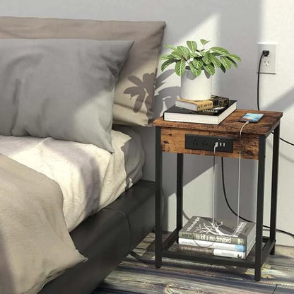 Table de chevet avec station de charge Table d'appoint de chambre à coucher avec ports USB Support de tourne-disque moderne Table de chevet à 2 niveaux