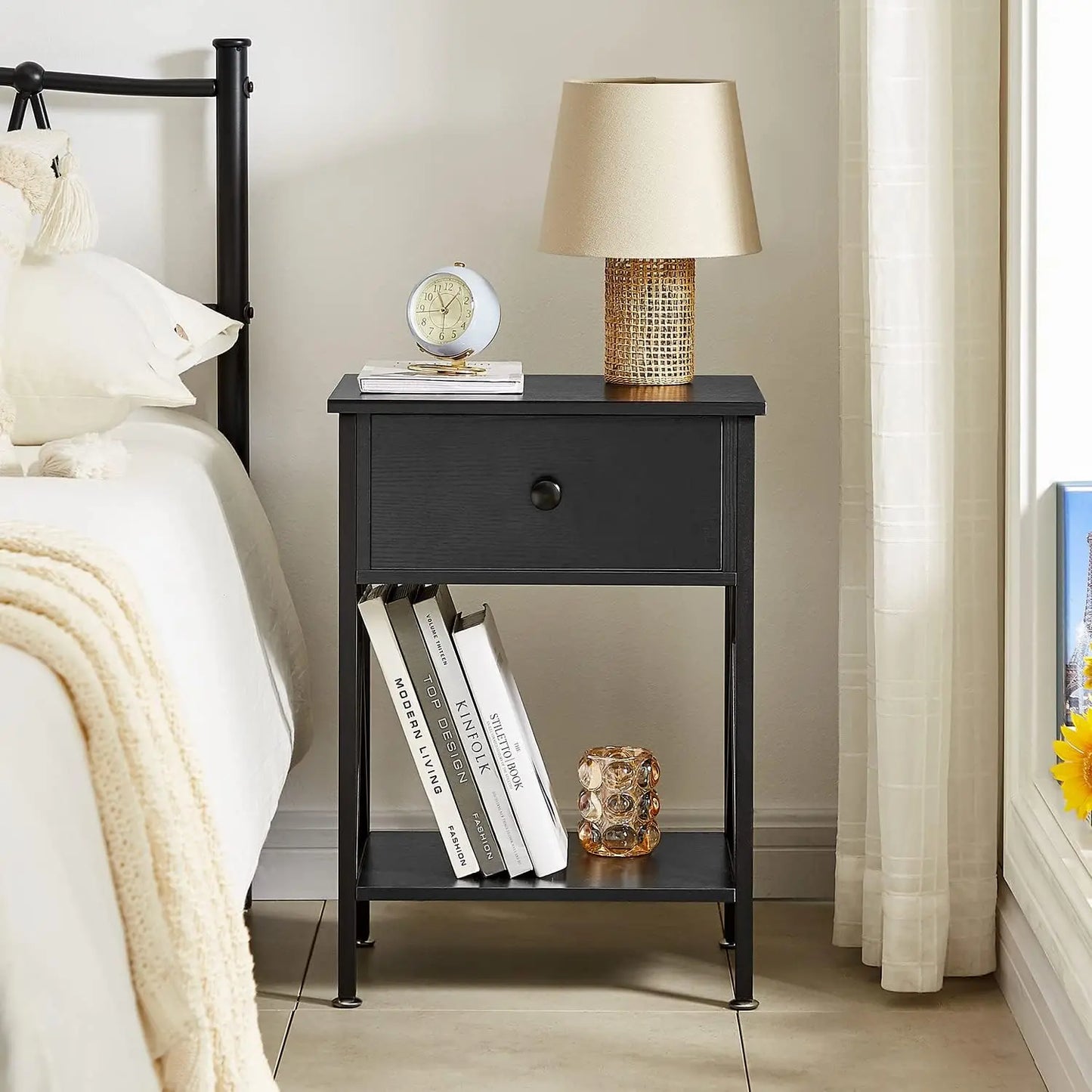 Nightstands Set of 2, Modern Bedside End Tables, Night Stands with Drawer and Storage Shelf(Dark Black/Dark Blue/Dark Gray)