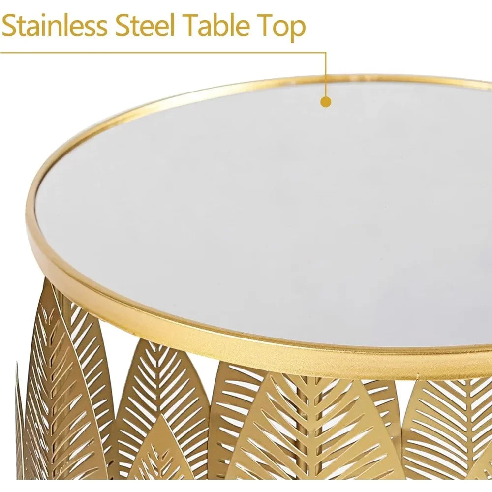 End Tables Set of 2, Gold Nesting Side Coffee Table Decorative Round Nightstands (Stainless Steel Top), Suitable for living room