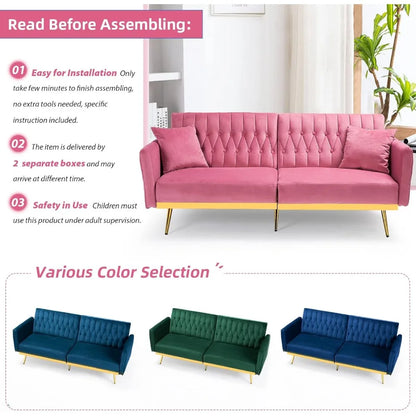 Canapé-lit futon en velours de 70 po avec dossiers et accoudoirs réglables, canapé-lit futon convertible avec deux oreillers, lit-lit capitonné